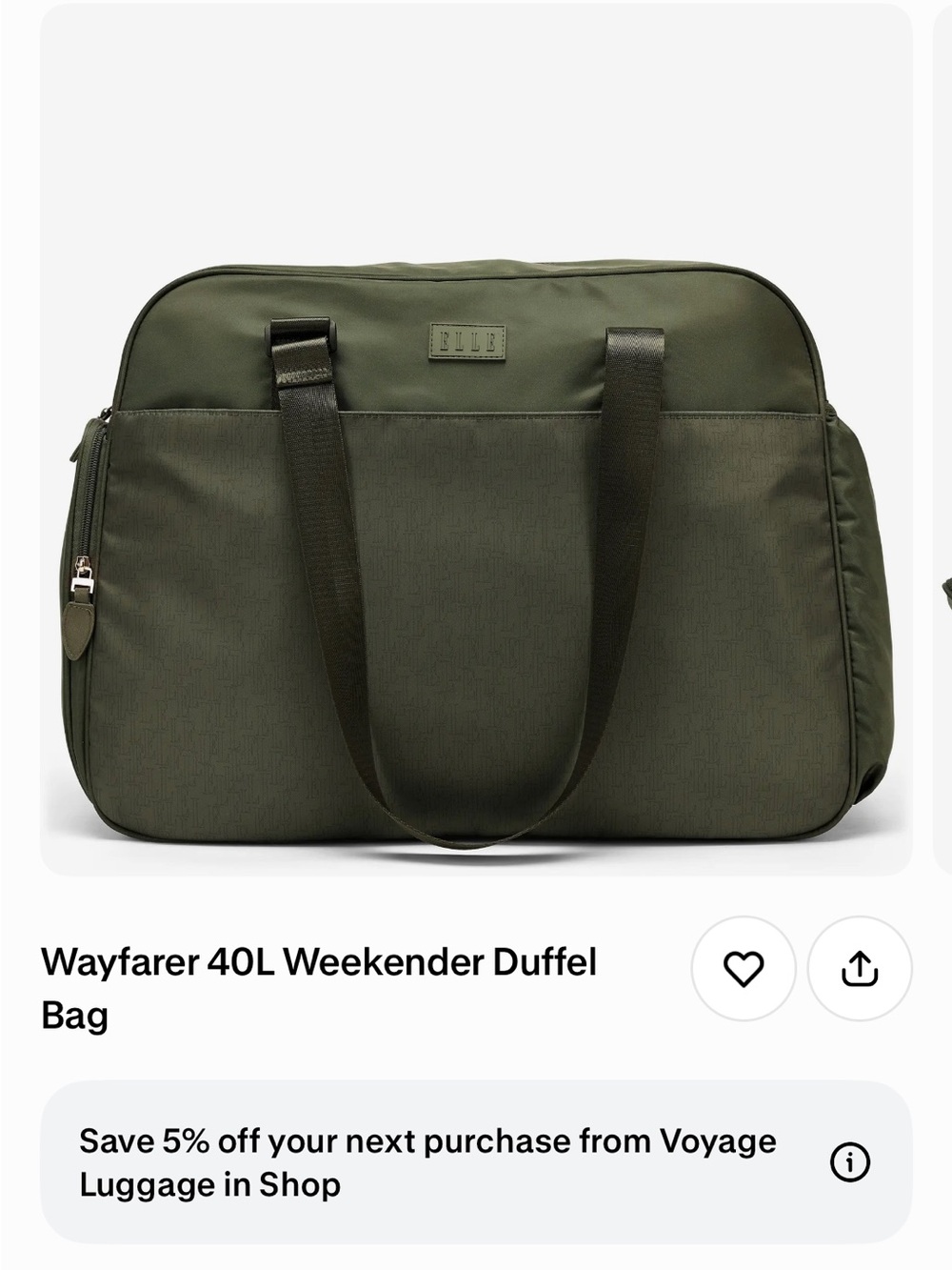 🧳 ELLE Wayfarer 40L Weekender Duffel Bag - Olive Green